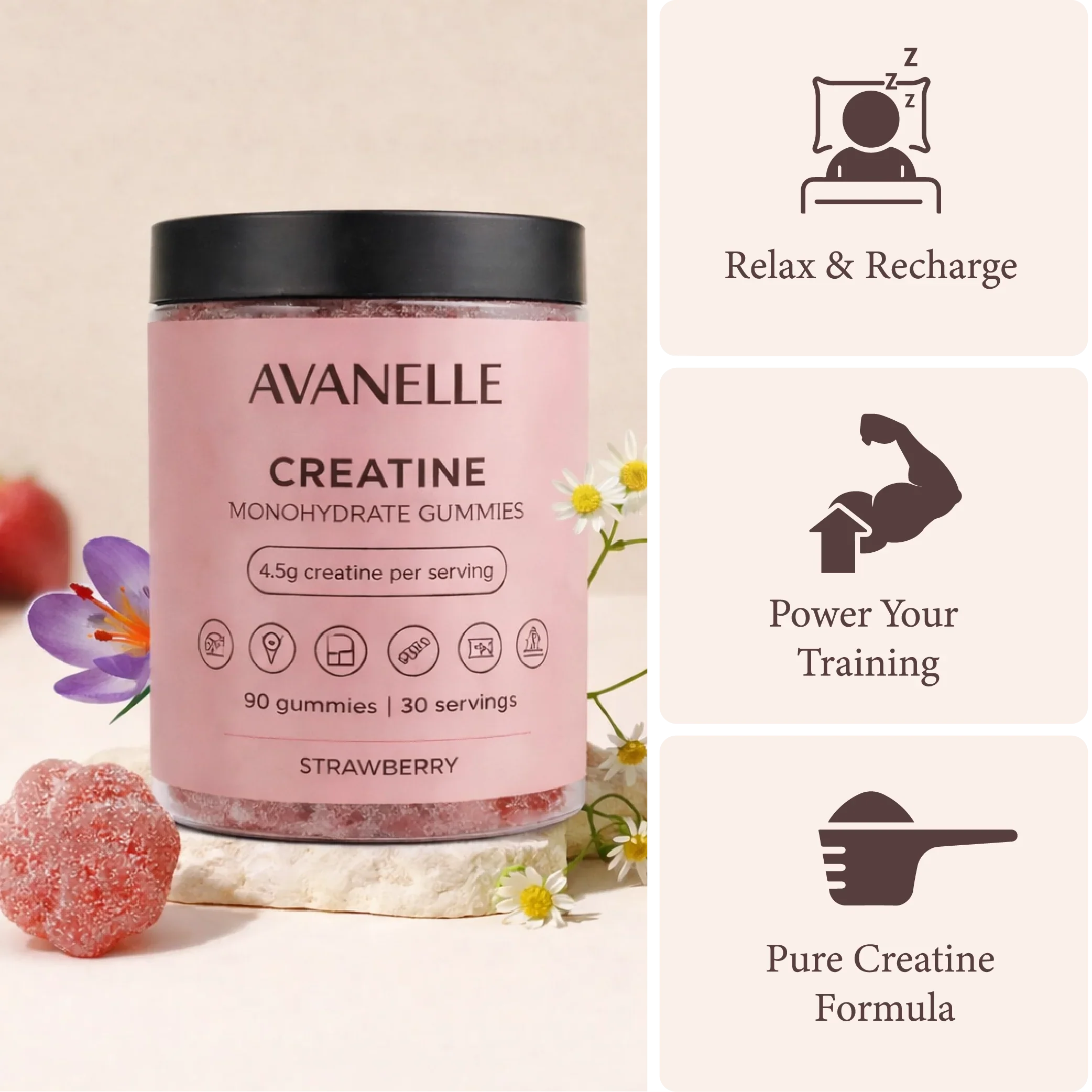 Pink container of Avanelle Creatine Monohydrate Gummies with strawberry flavor, surrounded by gummies and flowers on a beige background.