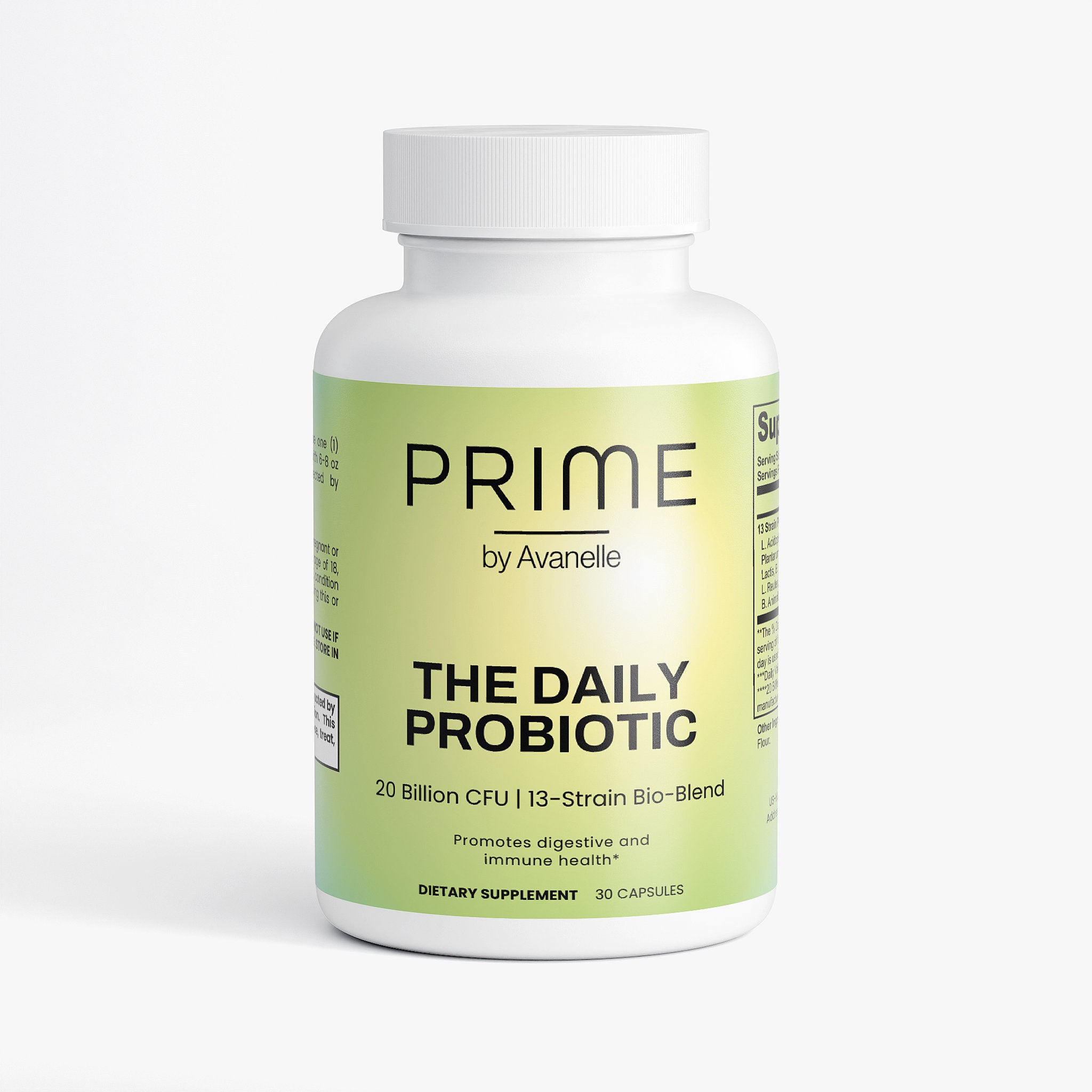 Probiotic supplement bottle labeled 'Prime by Avanelle' on a white background