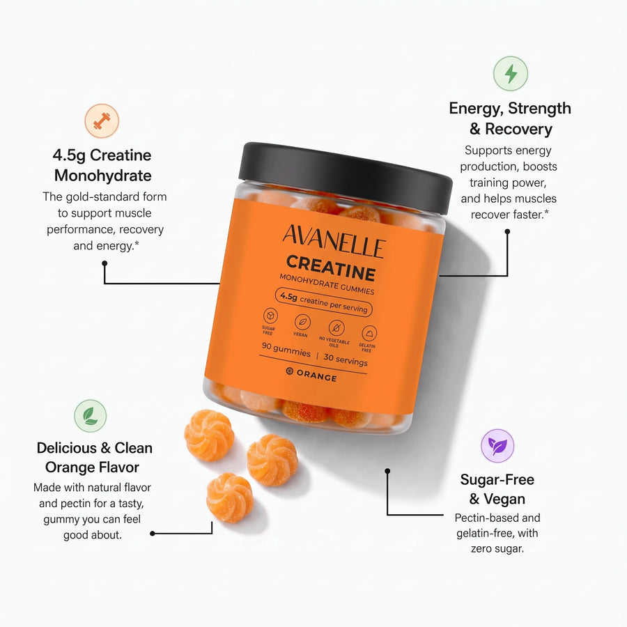 Avanelle Orange creatine gummies jar with benefit callouts: 4.5g Creatine Monohydrate, Energy Strength and Recovery, Delicious and Clean Orange Flavor, Third-Party Tested
