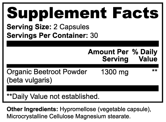 Supplement facts label with organic beetroot powder content on a white background