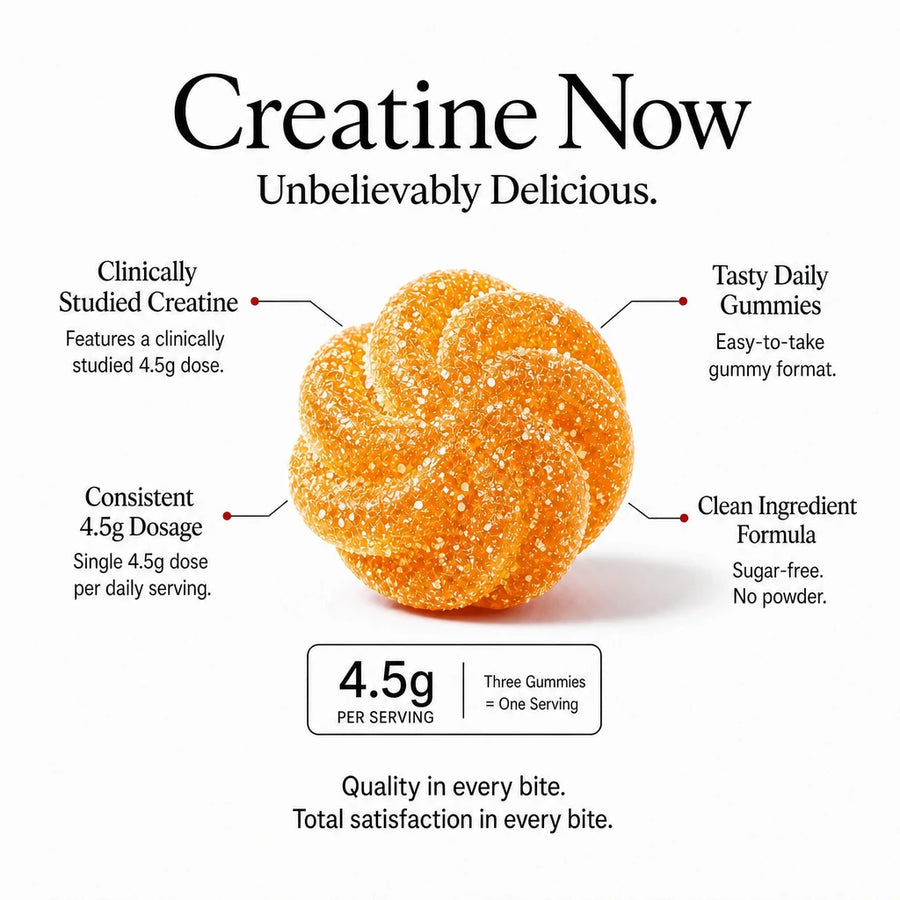 Creatine Now, Unbelievably Delicious - close-up of an orange creatine gummy with benefit callouts