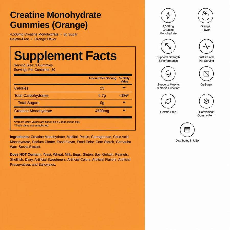 Creatine Monohydrate Gummies Orange Supplement Facts panel