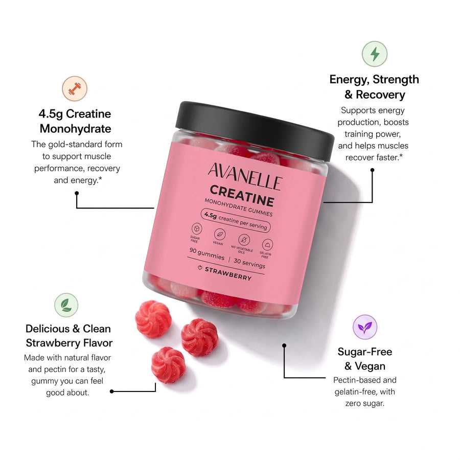 Pink container of Avanelle Creatine Monohydrate Gummies with strawberry flavor on a white background. Info about its benefits