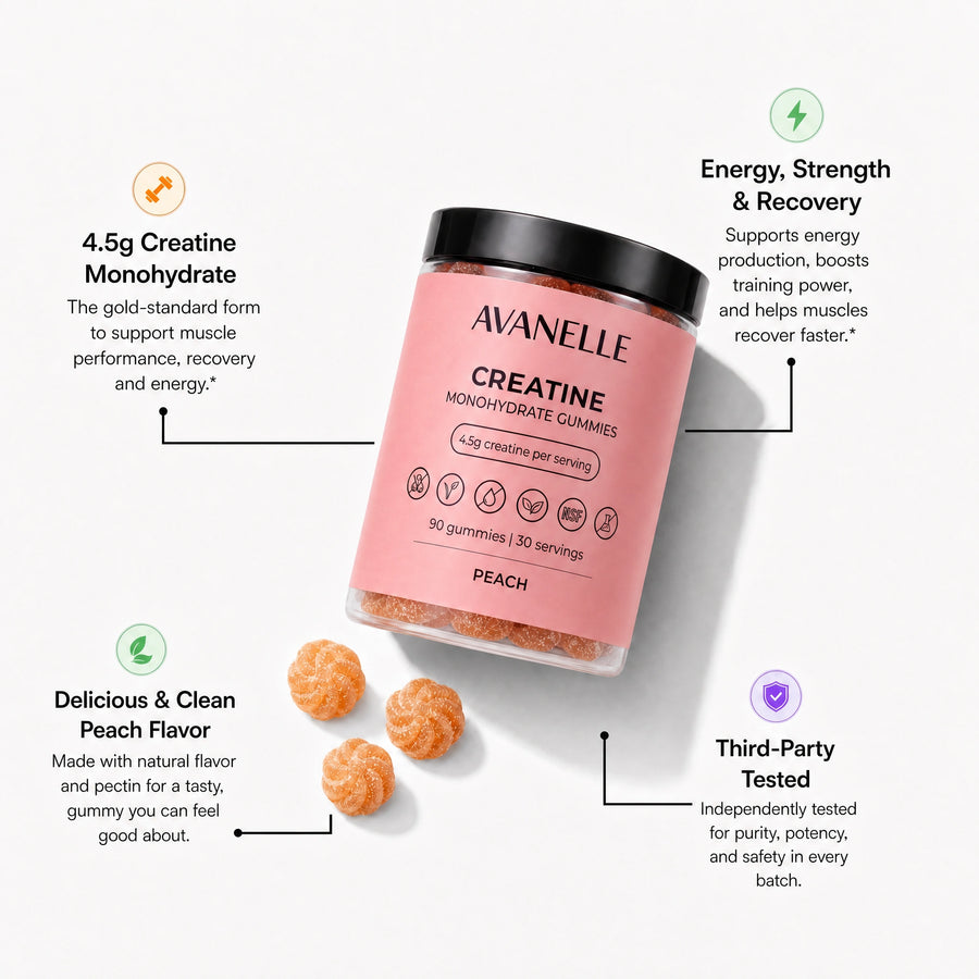Avanelle Peach flavor Creatine Monohydrate gummies packaging with product details on a white background
