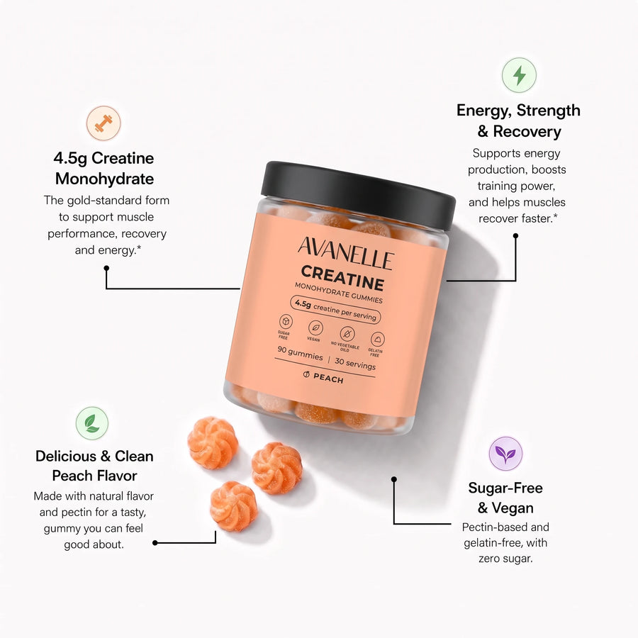 Avanelle Peach flavor Creatine Monohydrate gummies packaging with product details on a white background