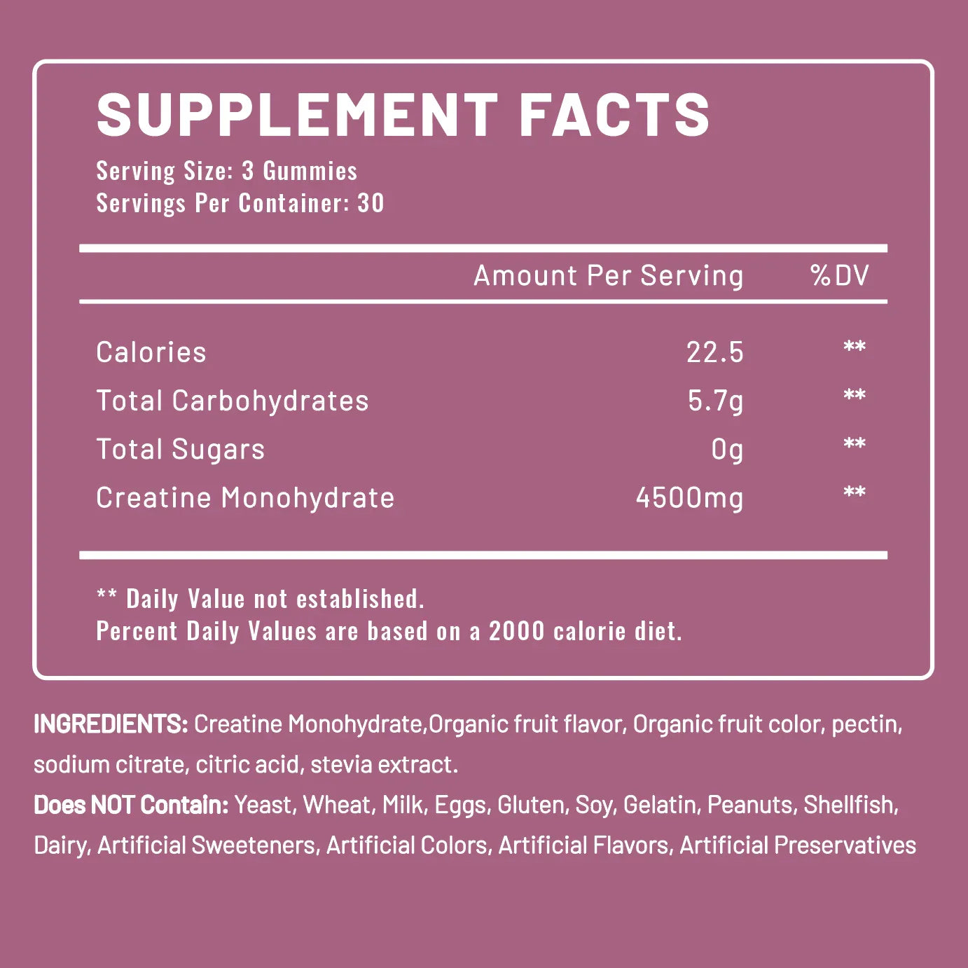 Avanelle Creatine Gummies Supplement Facts - Raspberry