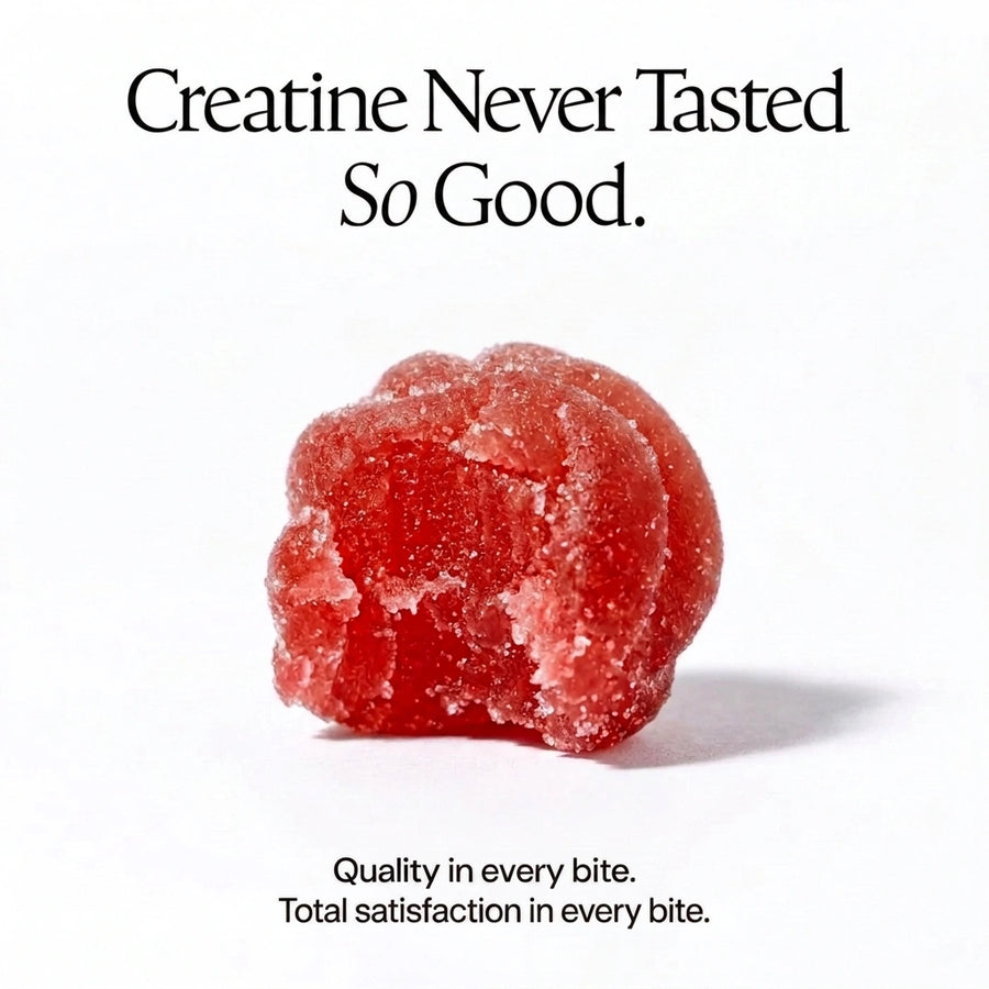 Avanelle Strawberry creatine gummy with text 'Creatine Never Tasted So Good' on a white background #lang:en