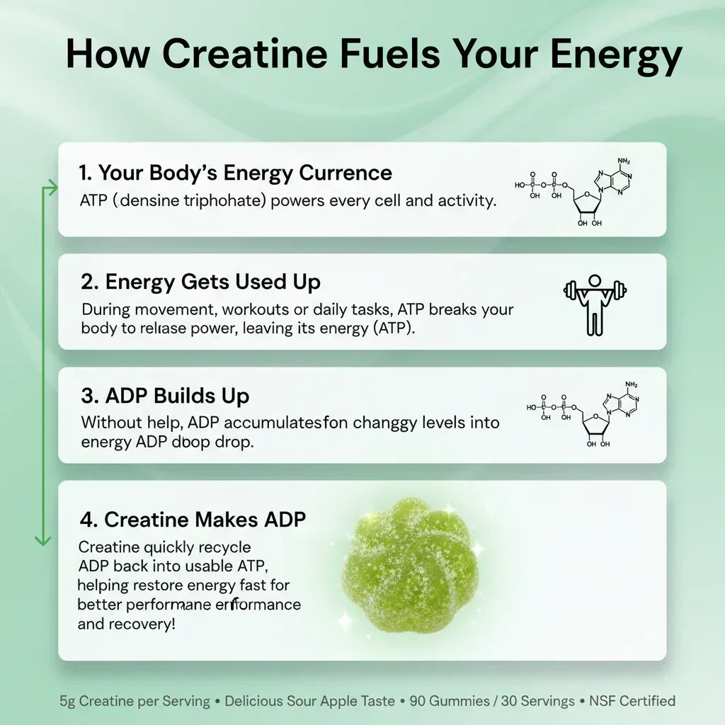 Educational graphic explaining how creatine fuels energy in the body with text and chemical structures.