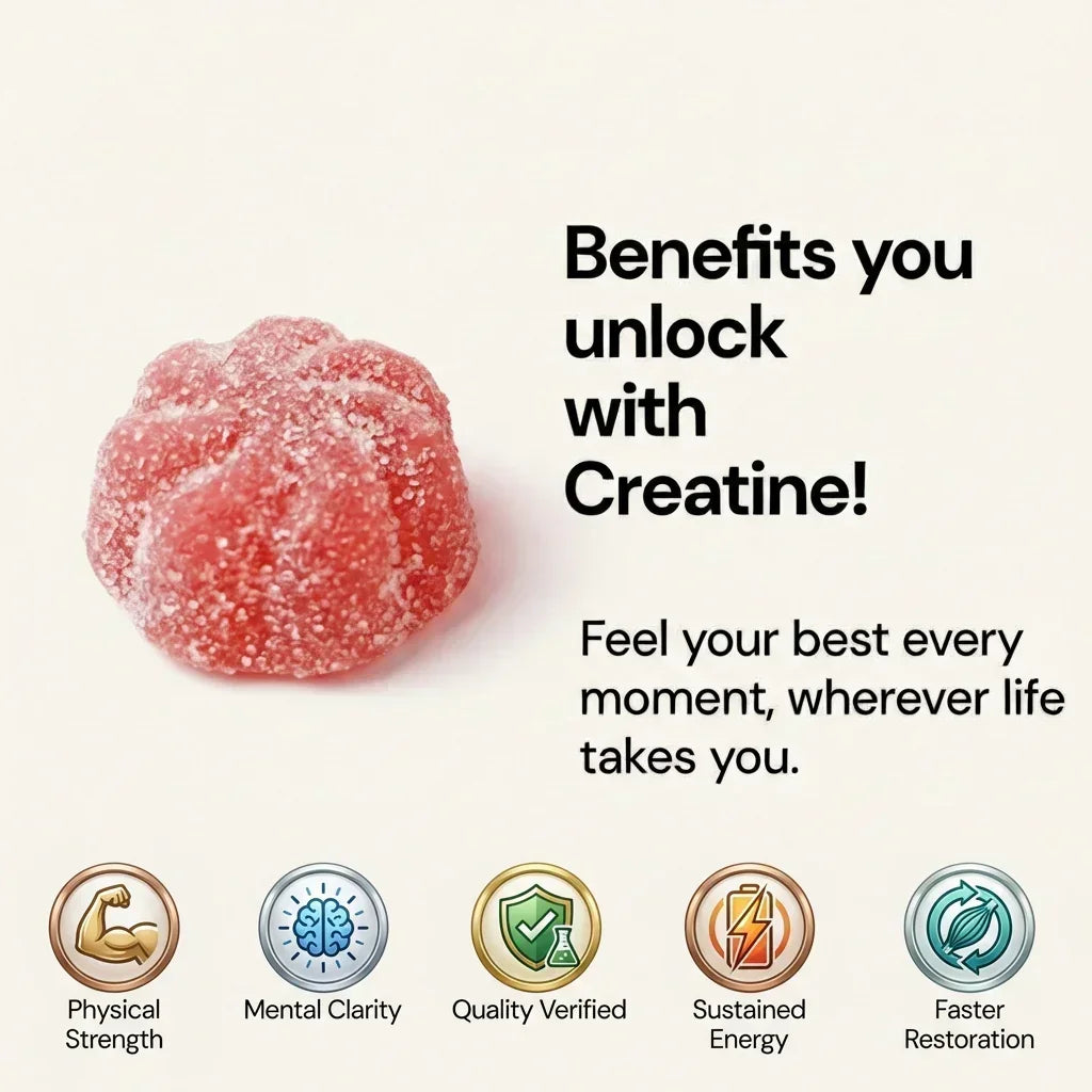 Red gummy supplement with text about creatine benefits on a white background