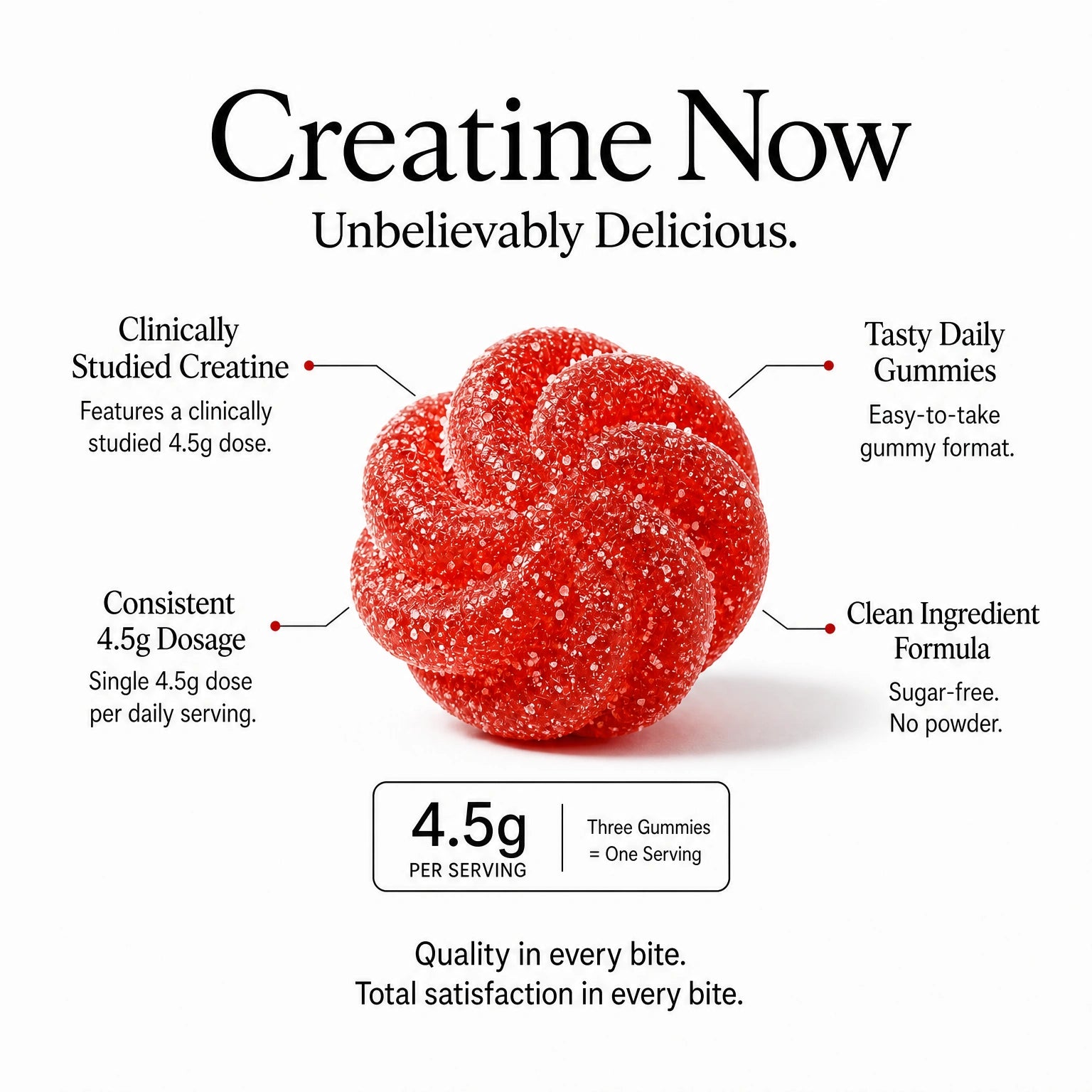 Red gummy supplement with text highlighting features on a white background