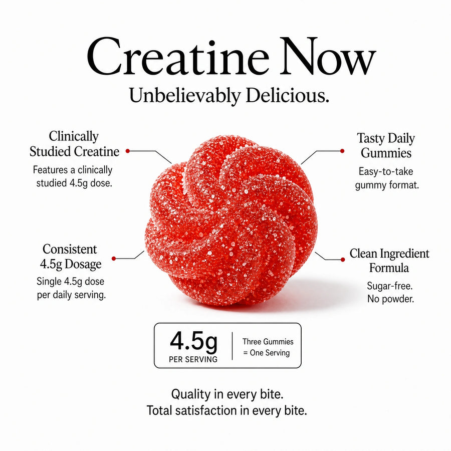 Red gummy supplement with text highlighting features on a white background #lang:en