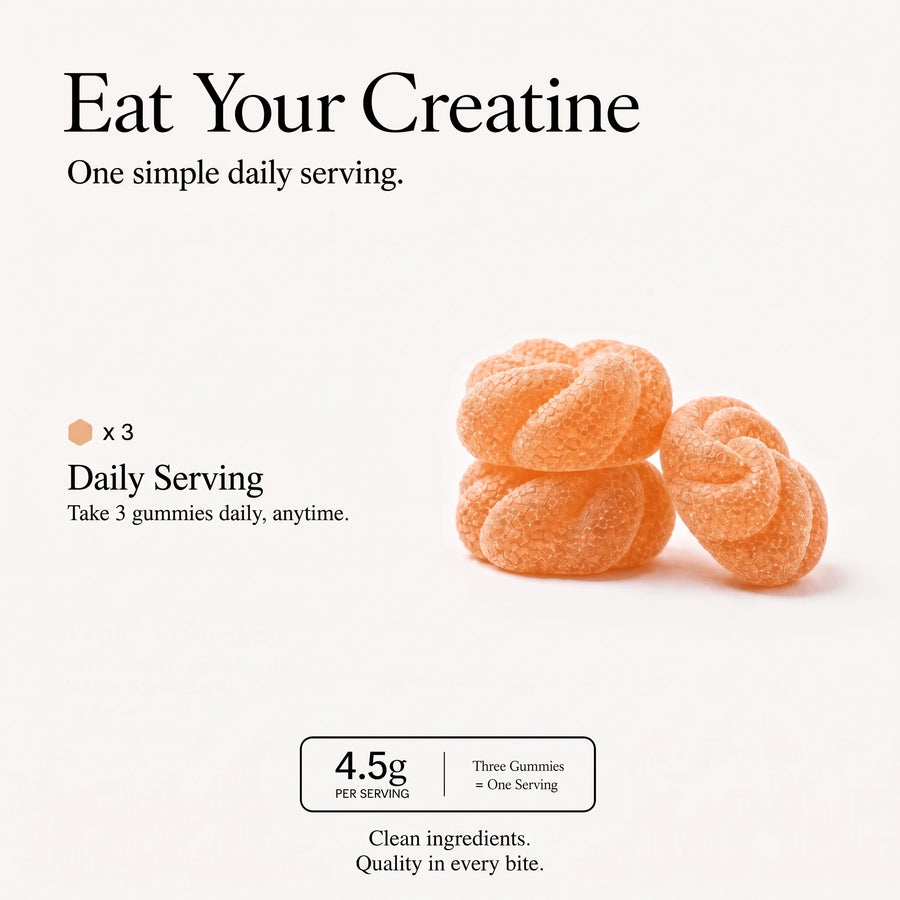 Stacked Avanelle peach creatine gummies with dosing guide, 3 gummies per serving