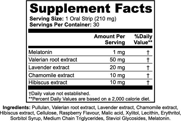 Supplement label with ingredients and serving size information of PRIME by Avanelle Sleep Strips