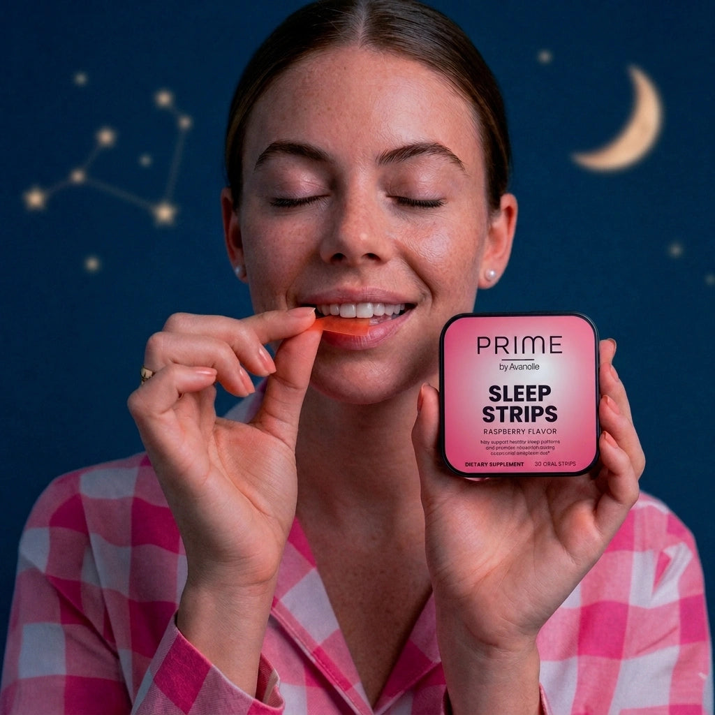 Woman holding a pink container of Prime Sleep Strips against a night sky background