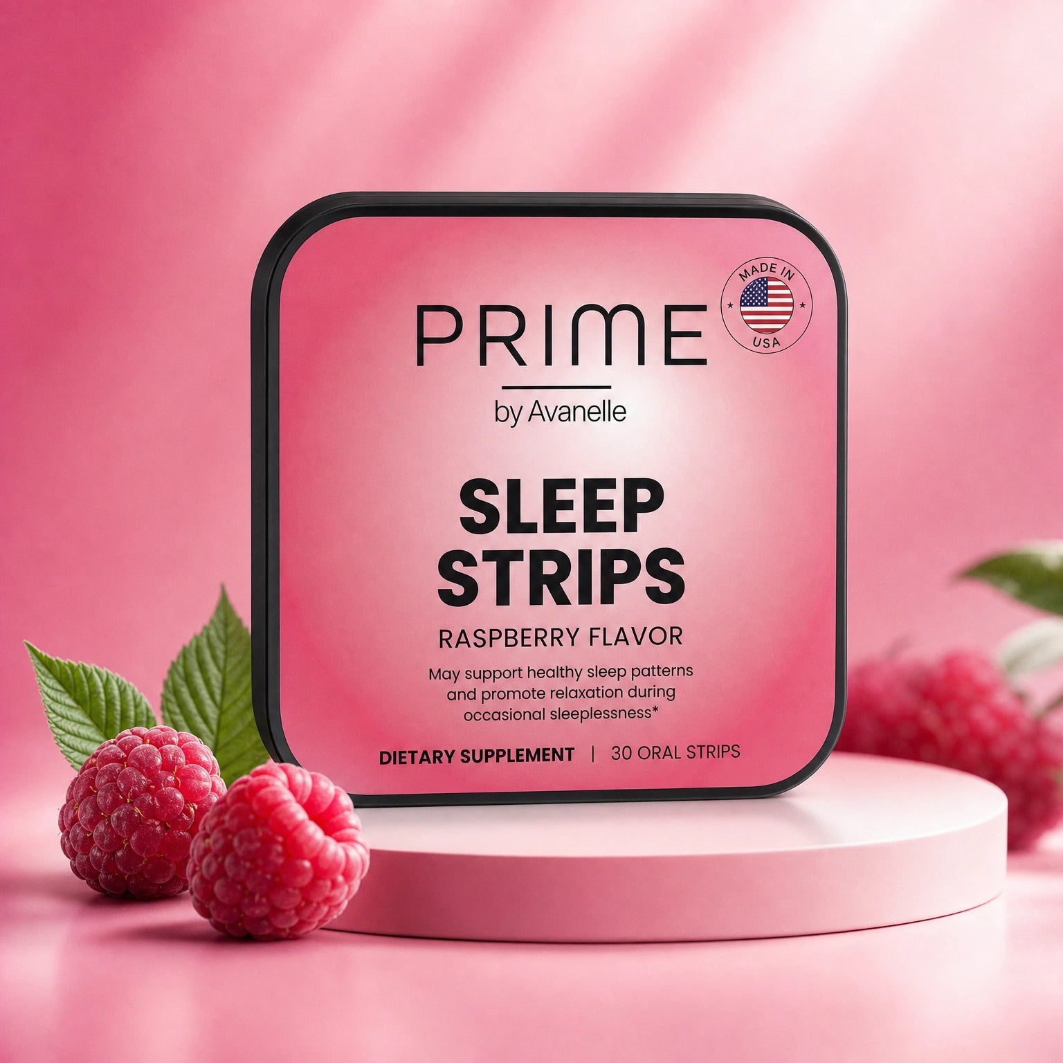 Prime by Avanelle Sleep Strips packaging with raspberries on a pink background