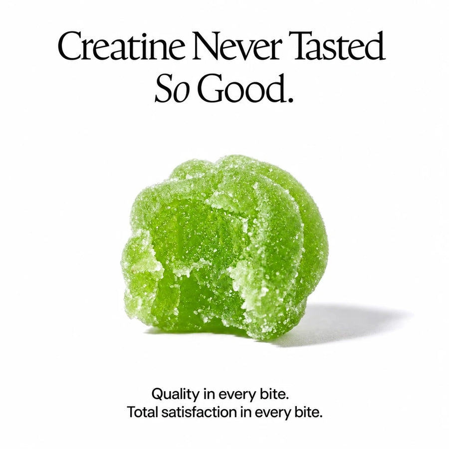 Avanelle Apple creatine gummy with text 'Creatine Never Tasted So Good' on a white background