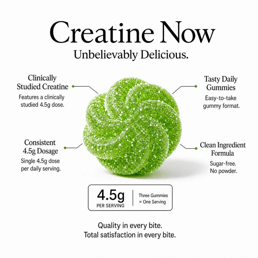 Green gummy supplement with text highlighting features on a white background