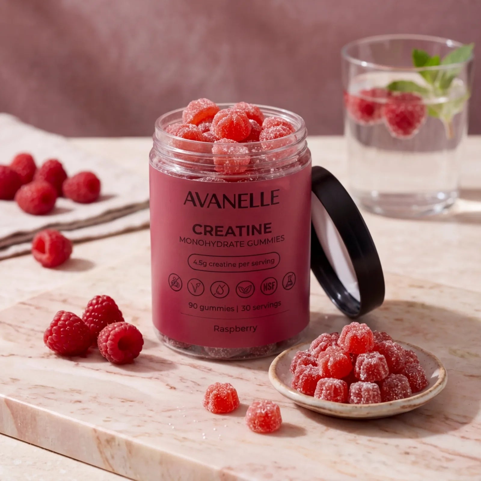 Jar of Avanelle Creatine Monohydrate Gummies with raspberries on a wooden surface