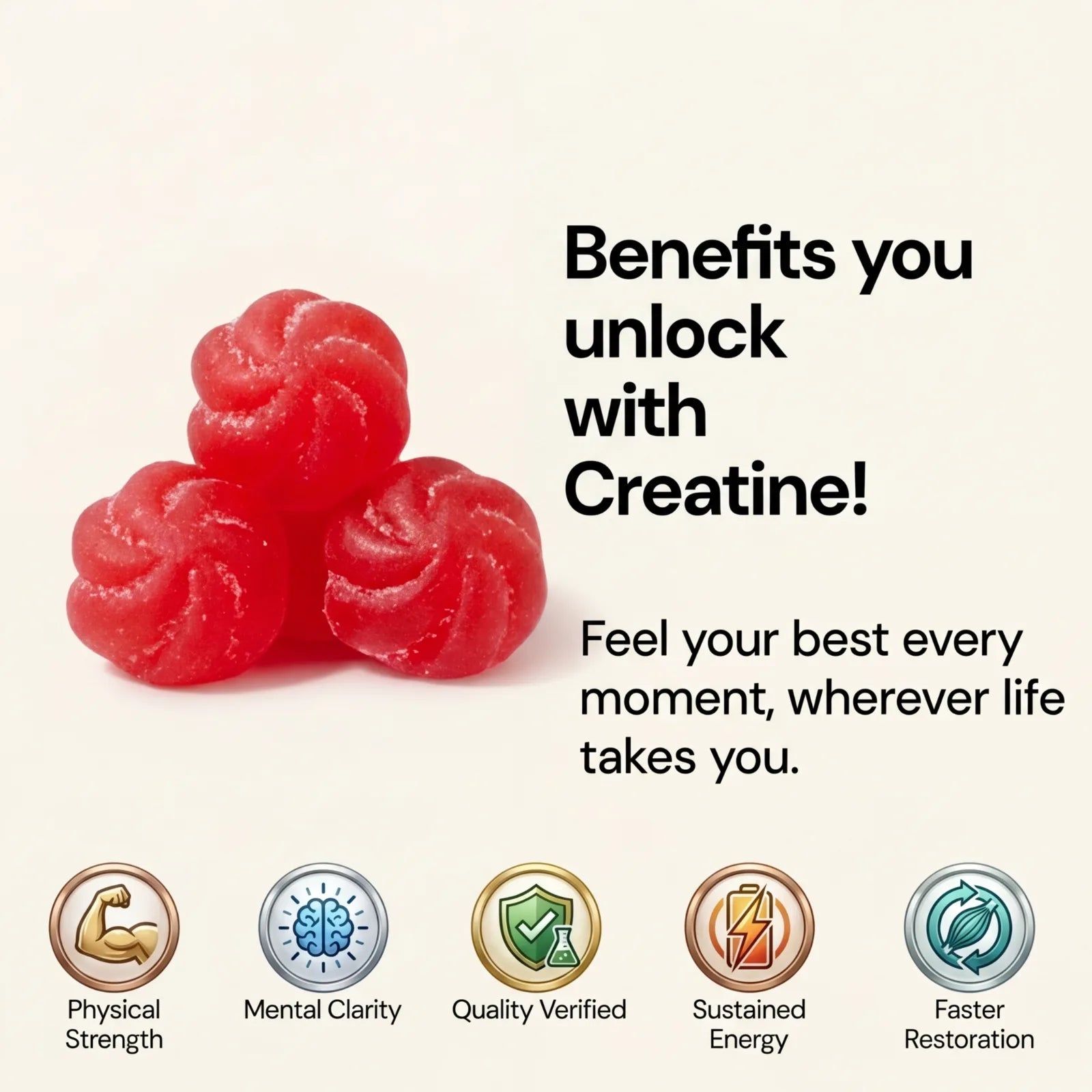 Red gummy bears with text about creatine benefits on a white background