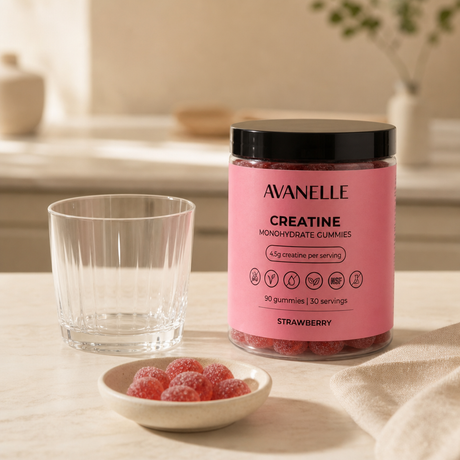Avanelle creatine gummies — format scene, kitchen counter