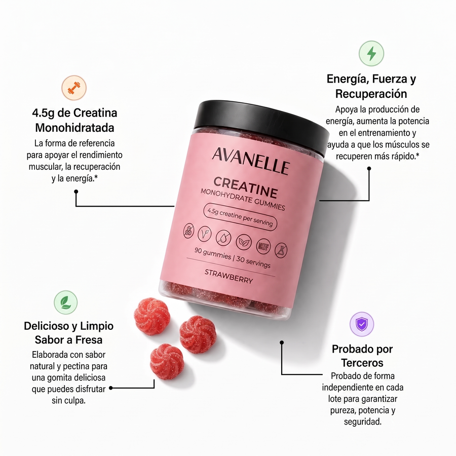 Envase rosa de Gomitas de Creatina Monohidratada Avanelle sabor fresa sobre fondo blanco. Información sobre sus beneficios #lang:es