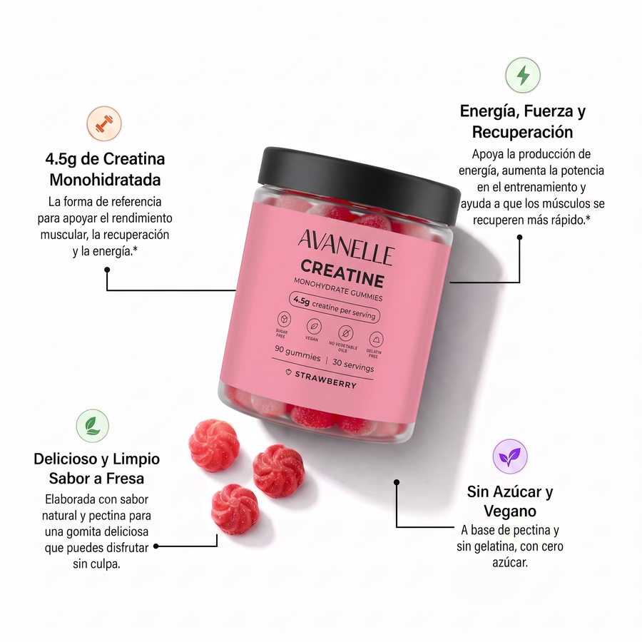 Envase rosa de Gomitas de Creatina Monohidratada Avanelle sabor fresa sobre fondo blanco. Información sobre sus beneficios