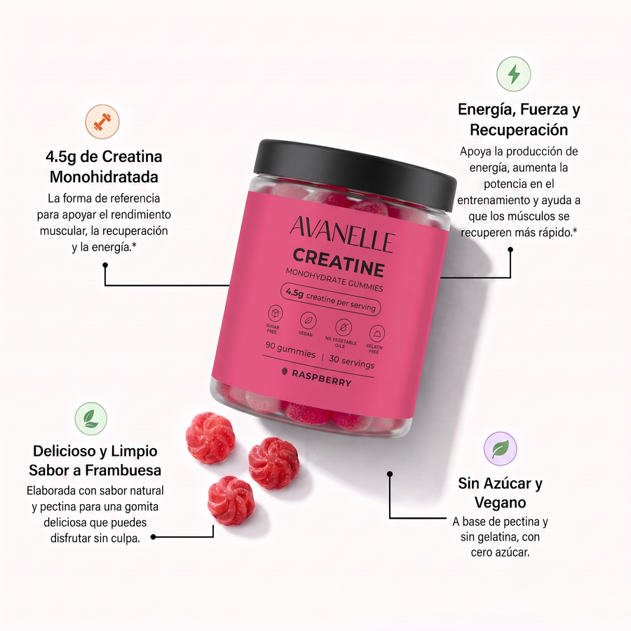 Envase de Gomitas de Creatina Monohidratada Avanelle sabor frambuesa con los beneficios del producto sobre fondo blanco