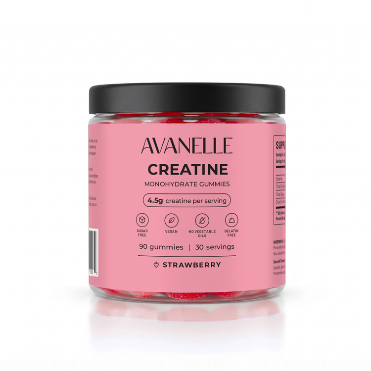 Avanelle Strawberry Creatine Monohydrate Gummies jar on a white background