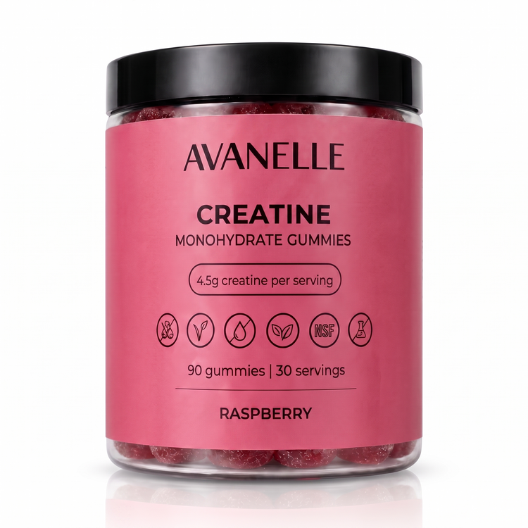 Avanelle Raspberry Creatine Monohydrate Gummies jar on a white background