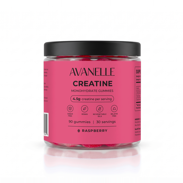 Avanelle Raspberry Creatine Monohydrate Gummies jar on a white background