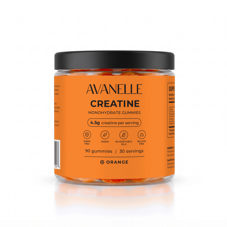 Avanelle Orange Creatine Monohydrate Gummies jar on a white background