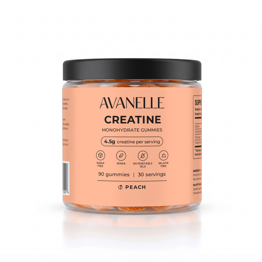 Avanelle Peach Creatine Monohydrate Gummies jar on a white background