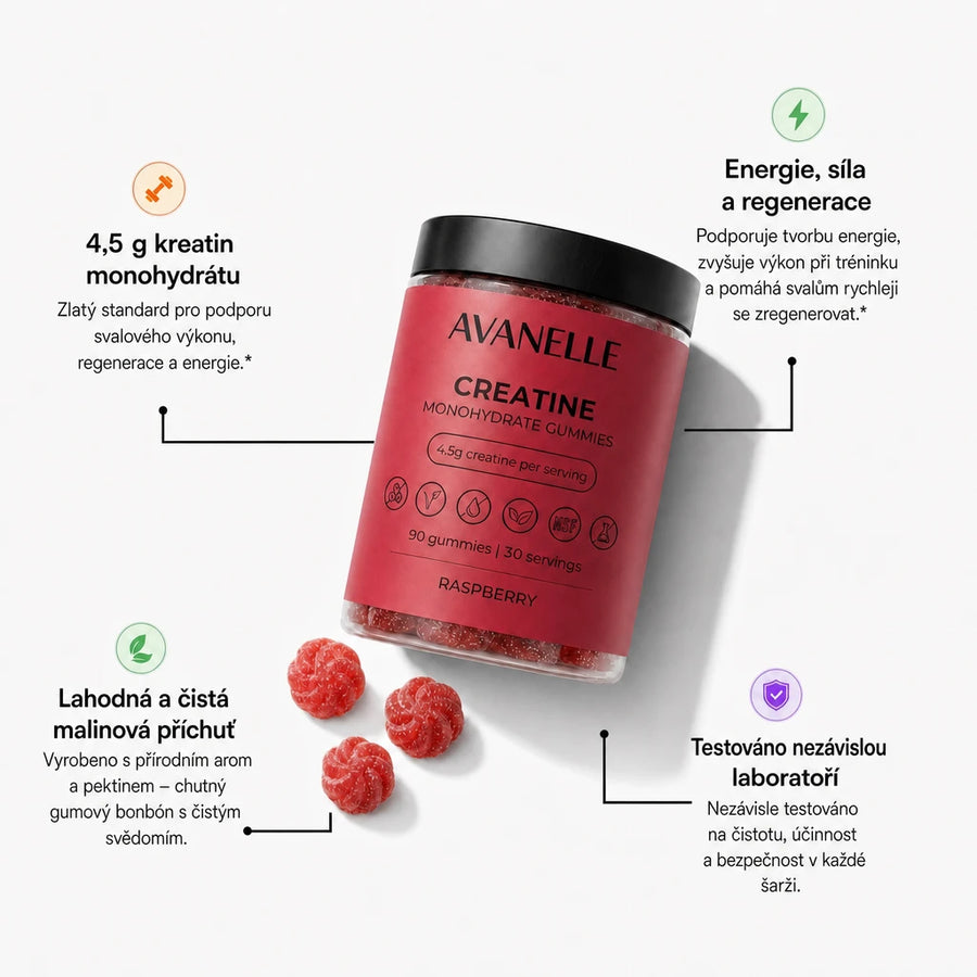 Obal Avanelle gumových bonbónů s kreatin monohydrátem s výhodami produktu na bílém pozadí