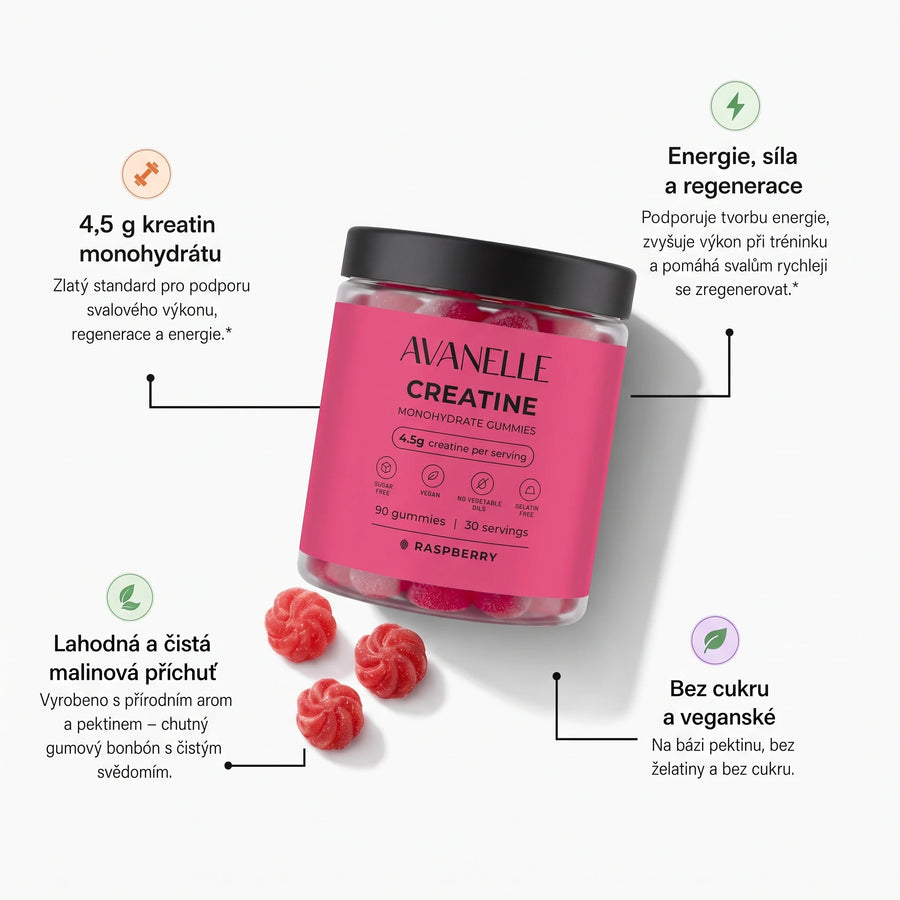 Obal Avanelle gumových bonbónů s kreatin monohydrátem s výhodami produktu na bílém pozadí
