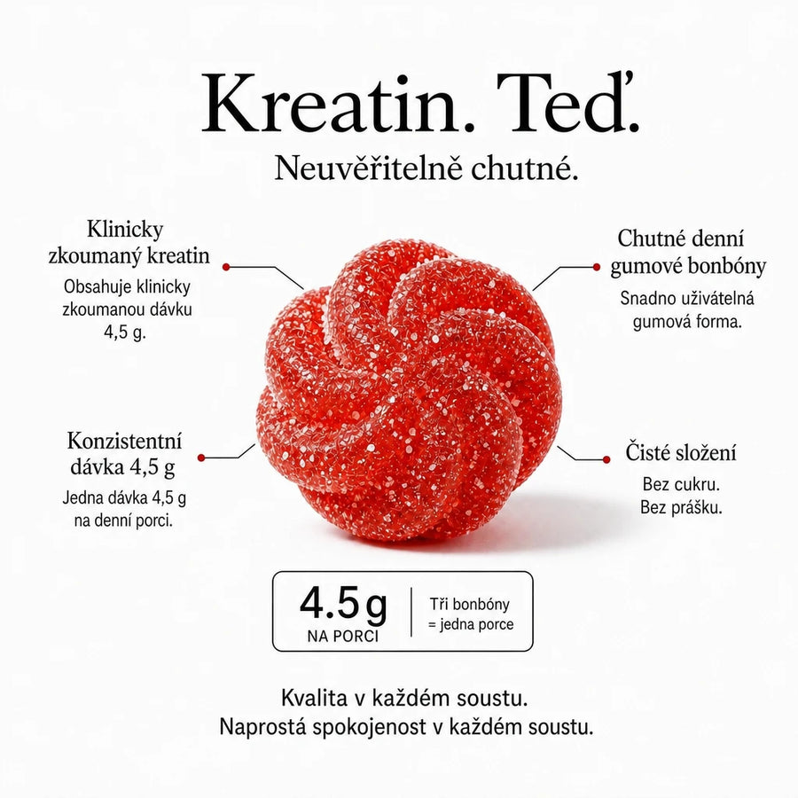 Červený gumový bonbón s textem zvýrazňujícím vlastnosti produktu na bílém pozadí