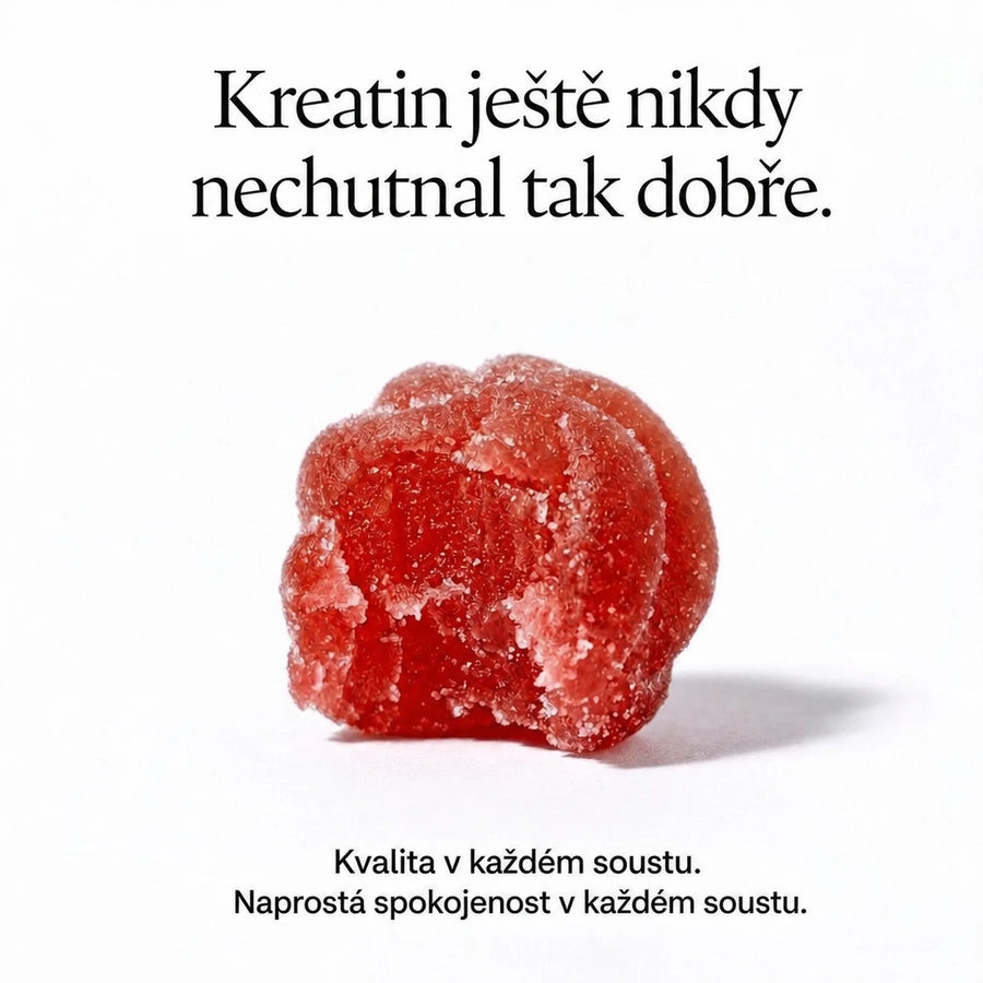 Avanelle kreatinový gumový bonbón s textem 'Kreatin ještě nikdy nechutnal tak dobře' na bílém pozadí