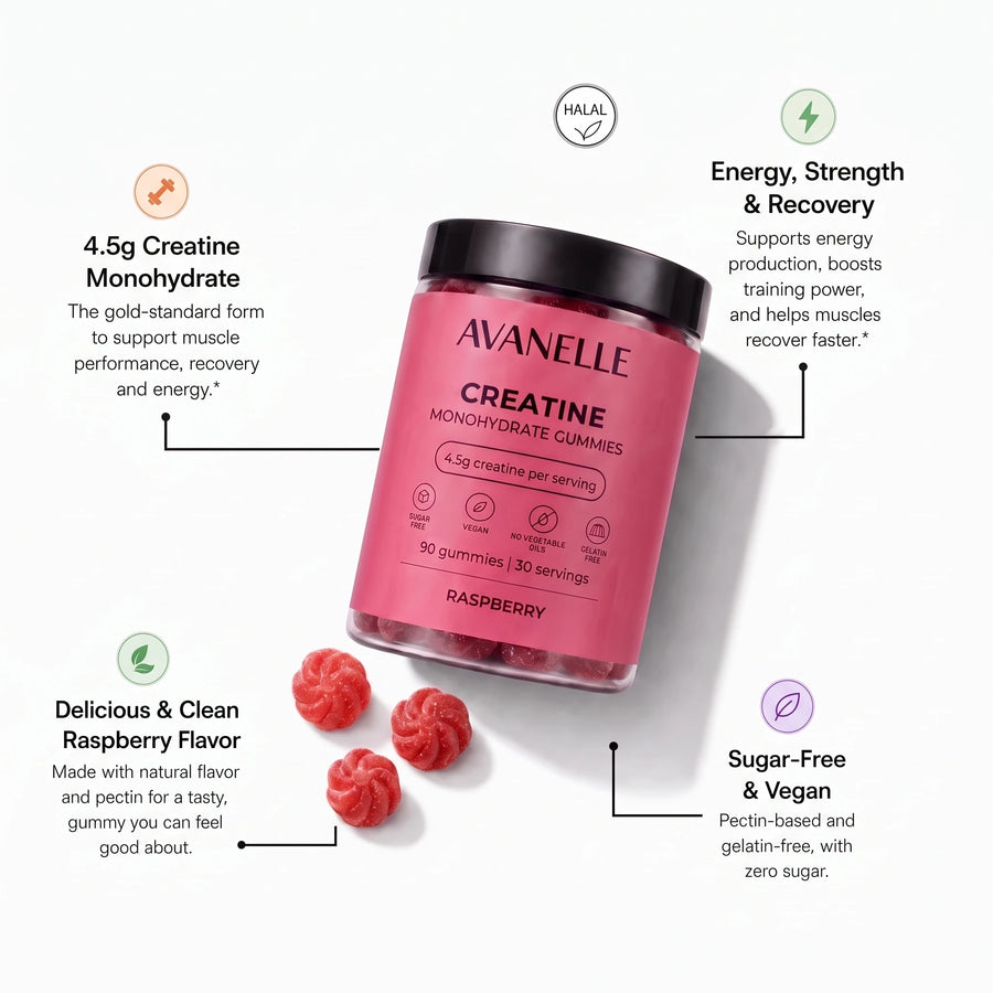 Avanelle Creatine Monohydrate Gummies packaging with product benefits on a white background