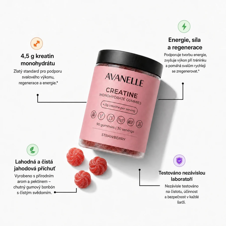 Růžový obal Avanelle gumových bonbónů s kreatin monohydrátem, jahodová příchuť, na bílém pozadí. Informace o výhodách #lang:cs