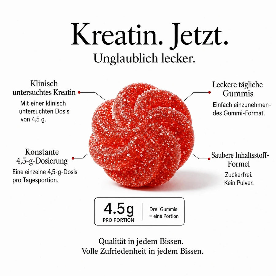 Rote Gummi-Süßigkeit mit Text, der die Produktmerkmale hervorhebt, auf weißem Hintergrund #lang:de