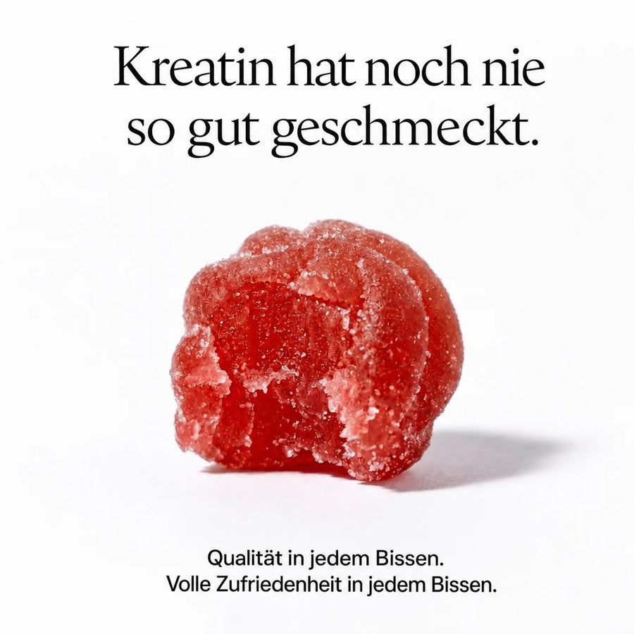 Avanelle Erdbeer-Kreatin-Gummi mit dem Text 'Kreatin hat noch nie so gut geschmeckt' auf weißem Hintergrund #lang:de