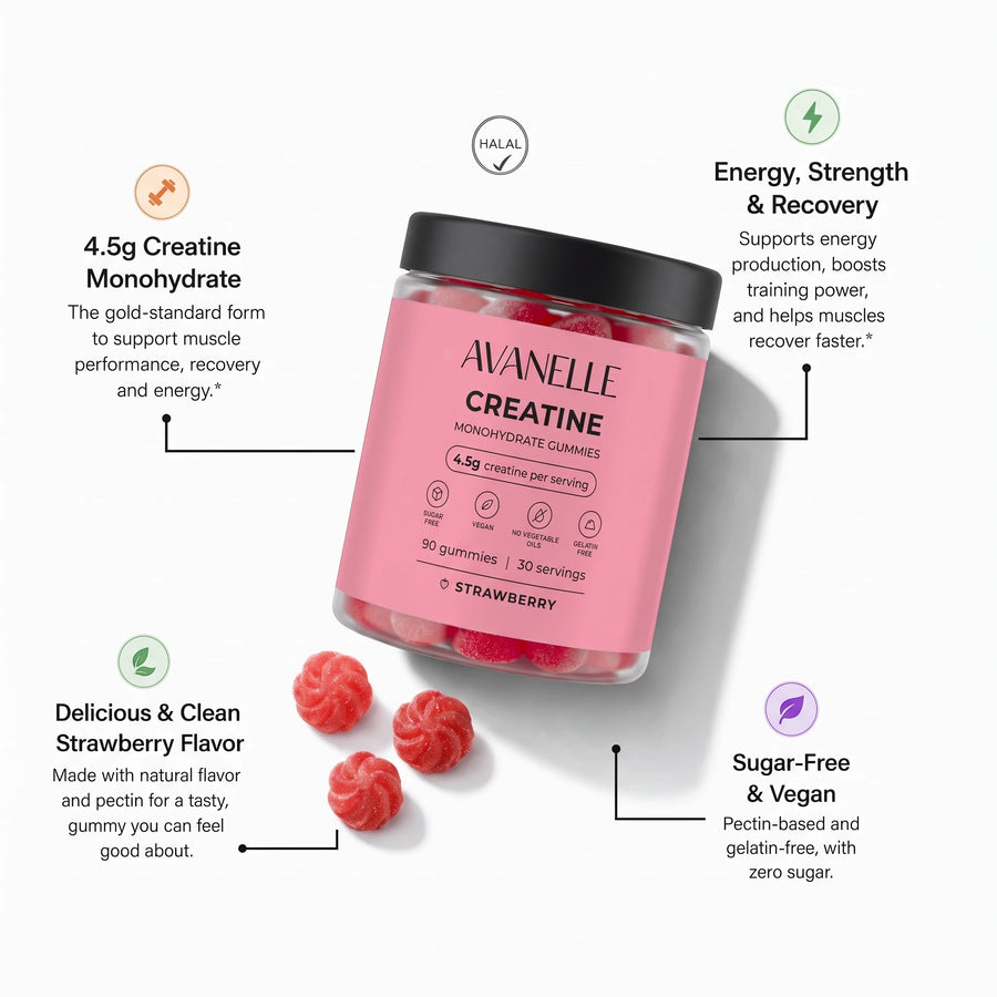Pink container of Avanelle Creatine Monohydrate Gummies with strawberry flavor on a white background. Info about its benefits