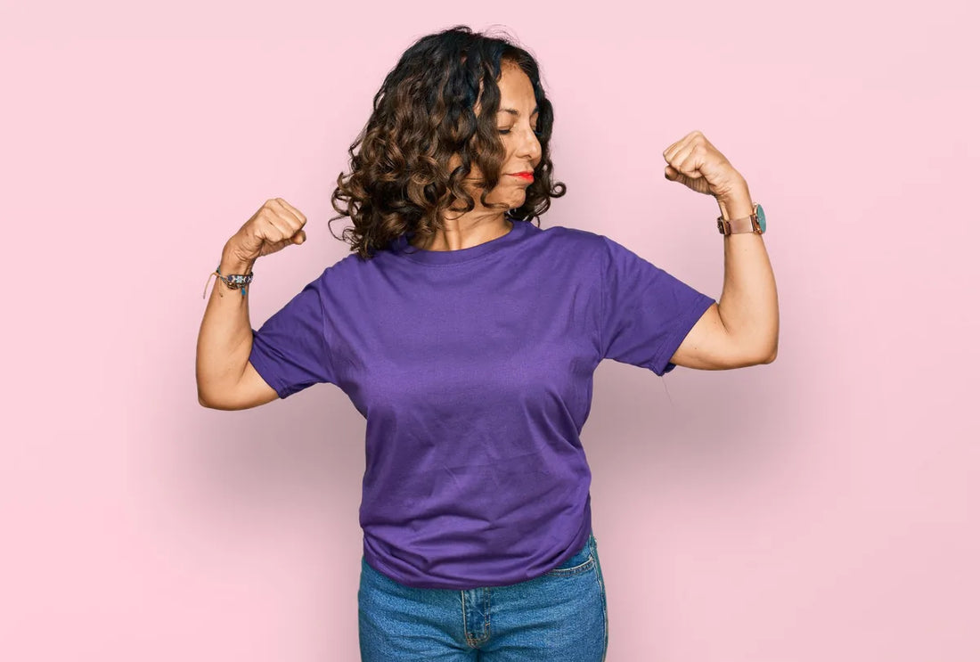 Active older woman doing yoga and strength training during hormone replacement therapy