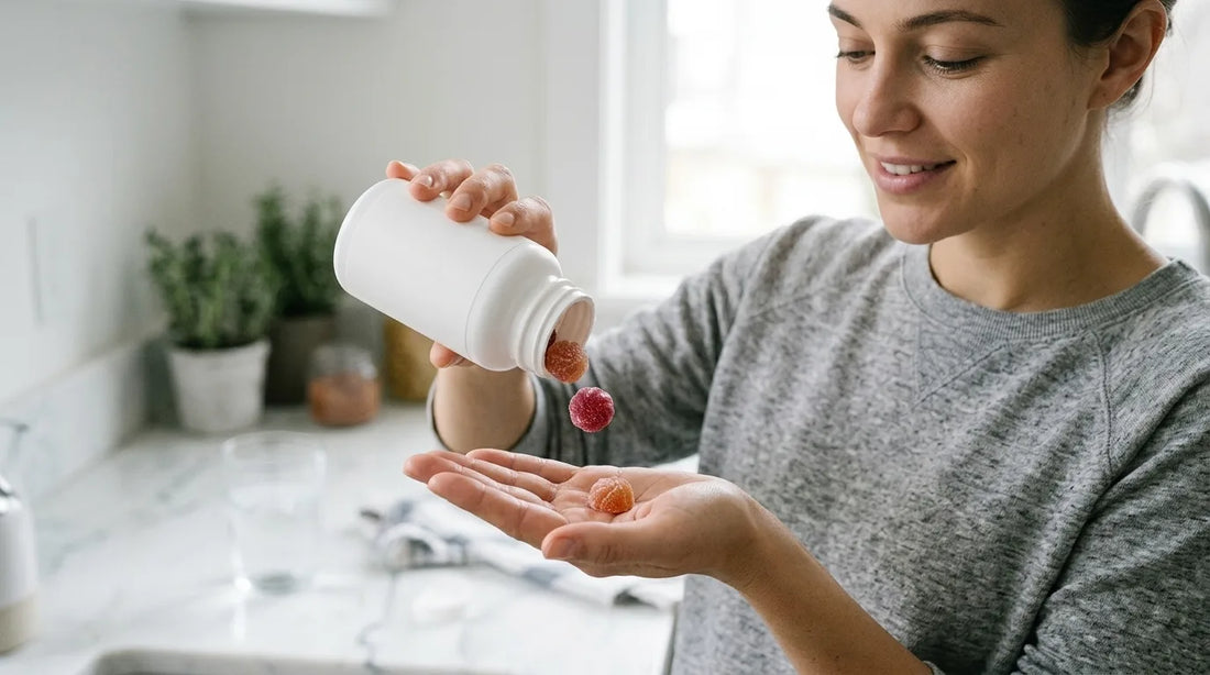 Woman taking 3 creatine gummies out of their bottle.