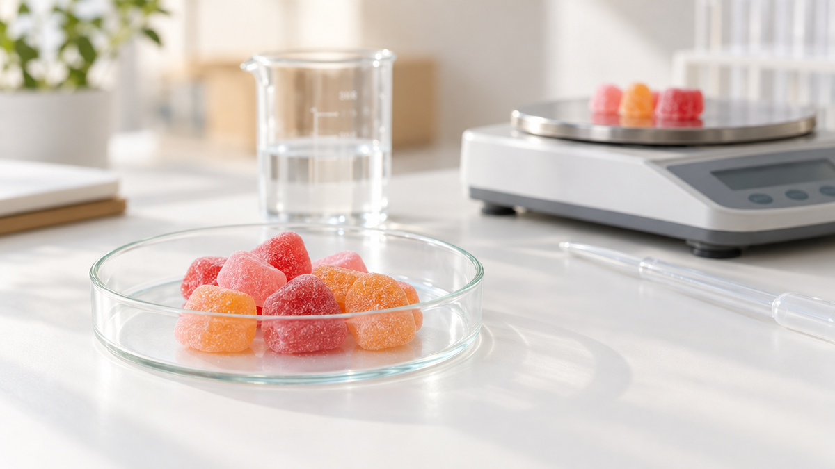 Fruit gummies in a petri dish on a lab bench next to a scale and a beaker