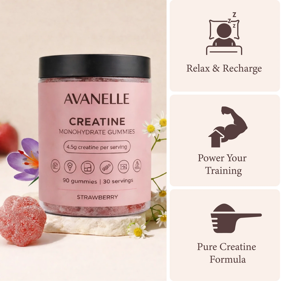 Pink container of Avanelle Creatine Monohydrate Gummies with strawberry flavor, surrounded by gummies and flowers on a beige background.