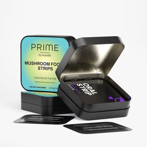 Black container with 'Prime by Avenelle' mushroom food strips packaging on a white background