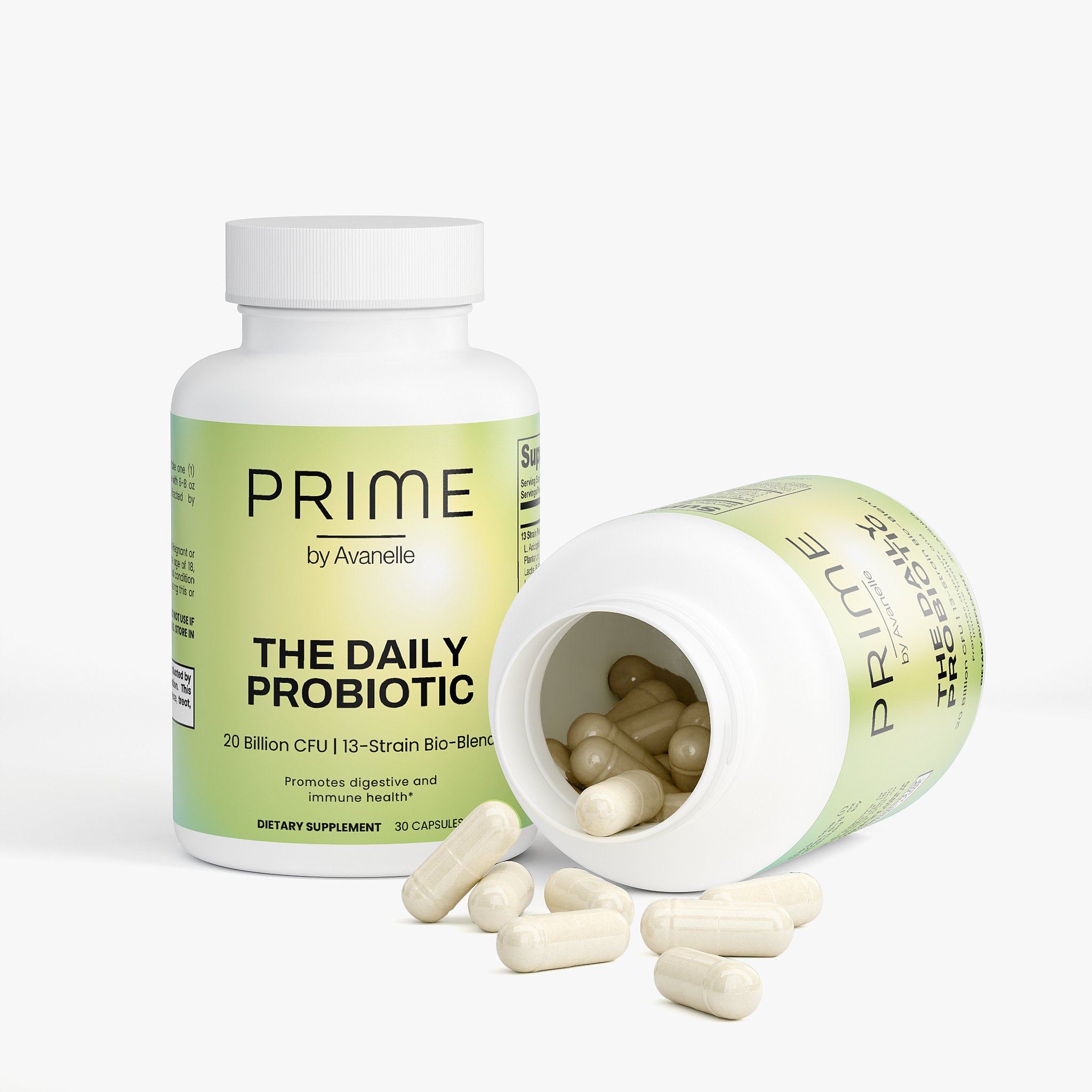 Probiotic supplement bottle with open cap showing capsules on a white background