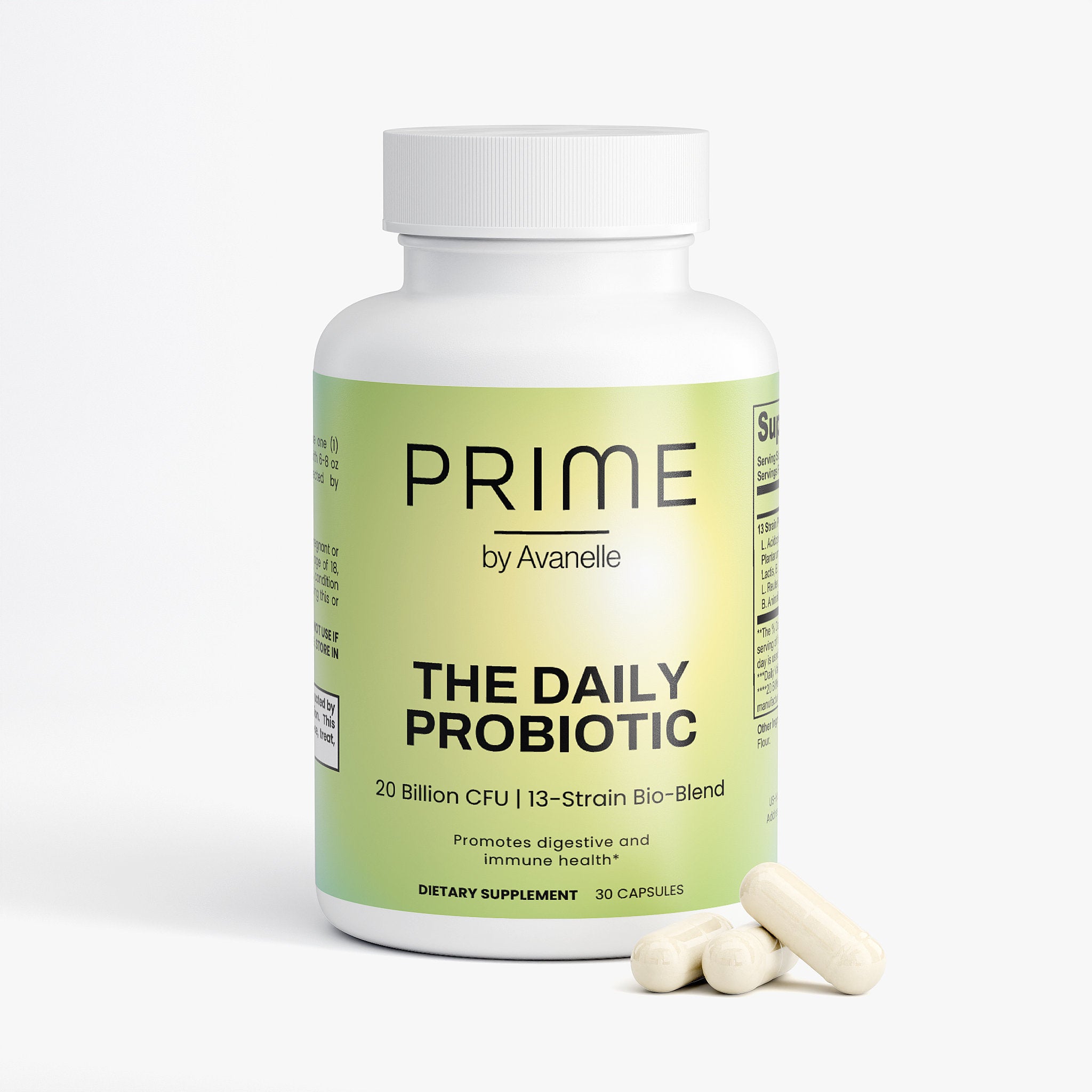 Bottle of 'Prime by Avanelle' daily probiotic with capsules on a white background