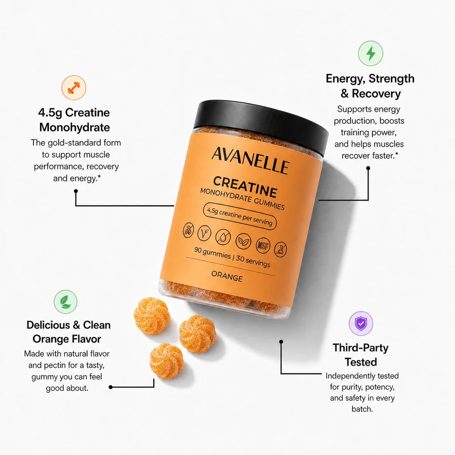 Avanelle Orange creatine gummies jar with benefit callouts: 4.5g Creatine Monohydrate, Energy Strength and Recovery, Delicious and Clean Orange Flavor, Third-Party Tested