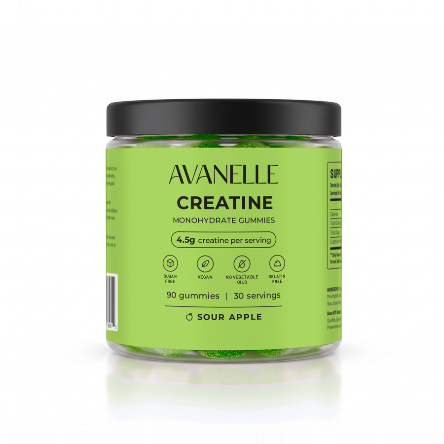 Avanelle Apple Creatine Monohydrate Gummies jar on a white background